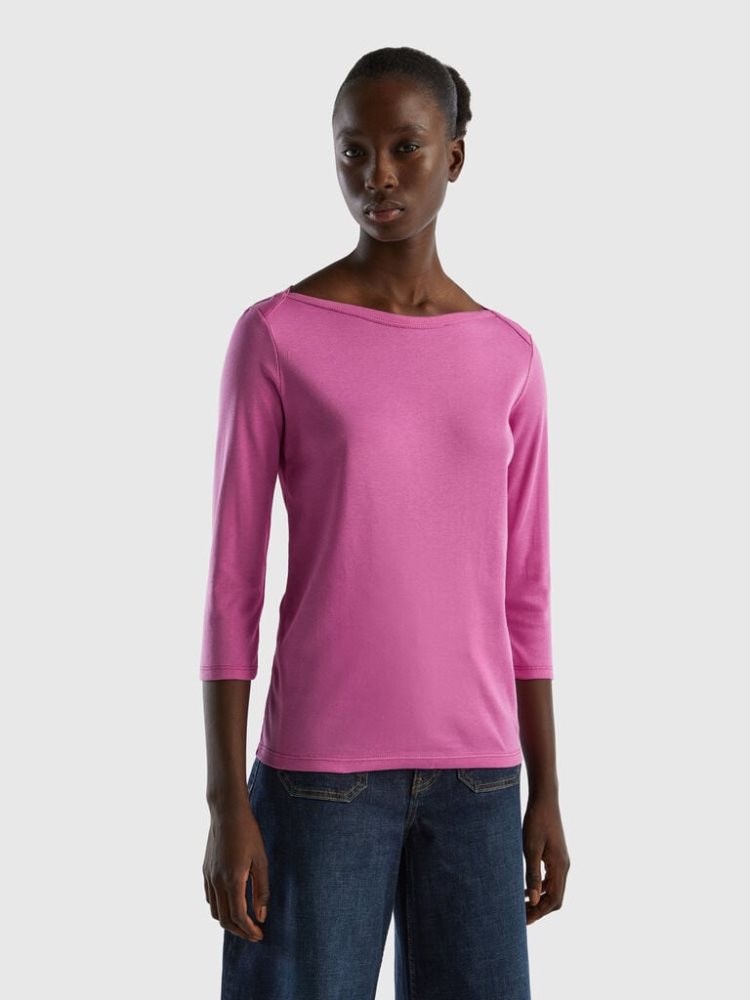 Pink Women\'s Benetton 100% Cotton Boat Neck Long Sleeve T-shirts | AU916213