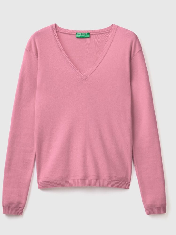 Pink Women's Benetton Pure Cotton V-neck Sweaters | AU997827