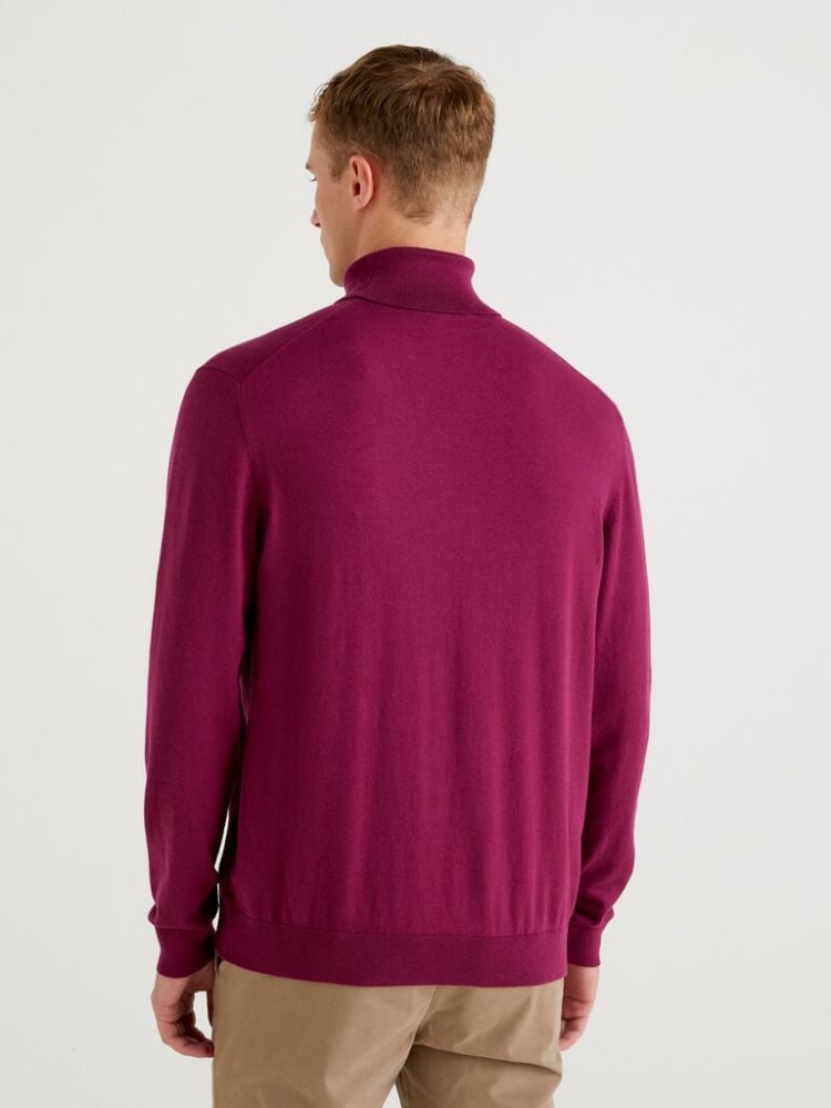 Plum Men's Benetton Lightweight Cotton Blend Turtleneck High Neck Sweaters | AU315728