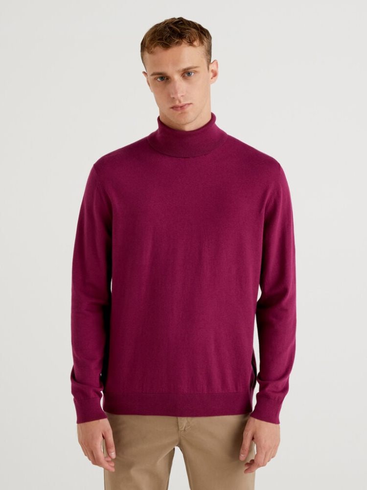 Plum Men\'s Benetton Lightweight Cotton Blend Turtleneck High Neck Sweaters | AU315728