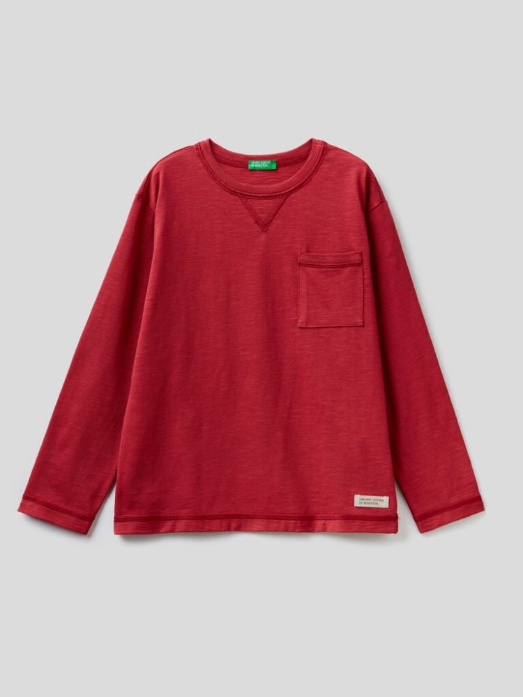 Red Kids\' Benetton Breast Pocket Organic Cotton Long Sleeve T-shirts | AU233461