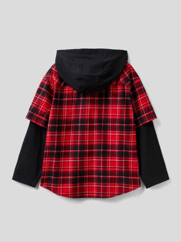 Red Kids' Benetton Check Hood Shirts | AU210101