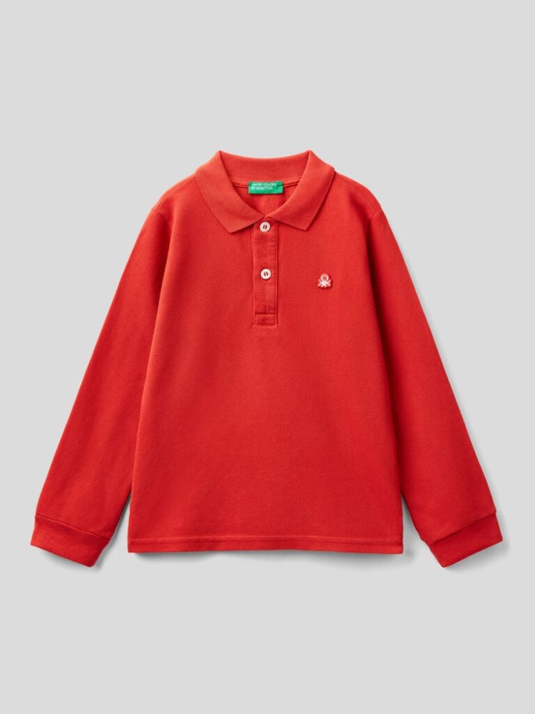 Red Kids\' Benetton Organic Cotton Long Sleeve Polo Shirts | AU323342