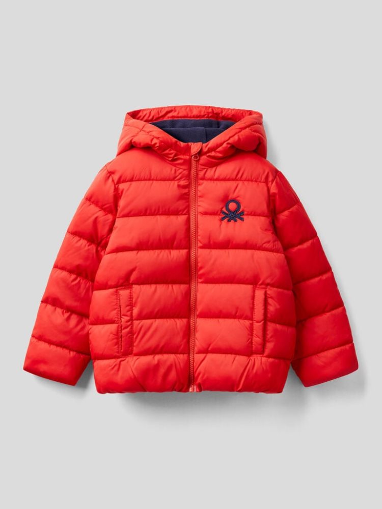 Red Kids\' Benetton Puffer Hood And Logo Padded Jackets | AU341296