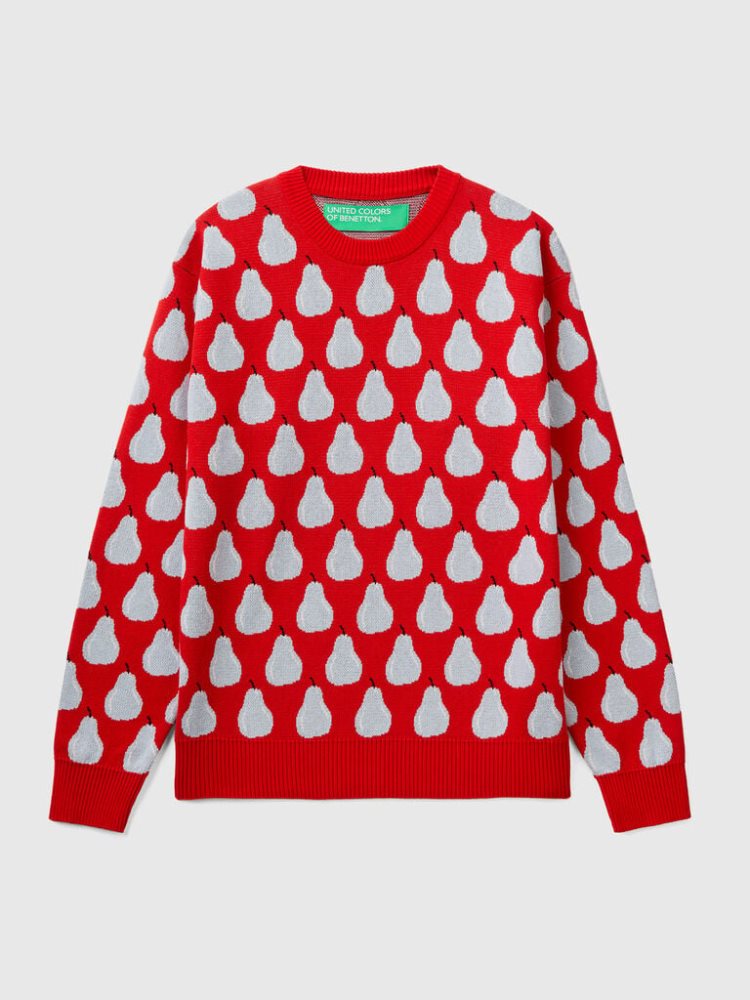 Red Men's Benetton Pear Pattern Crew Neck Sweaters | AU090330