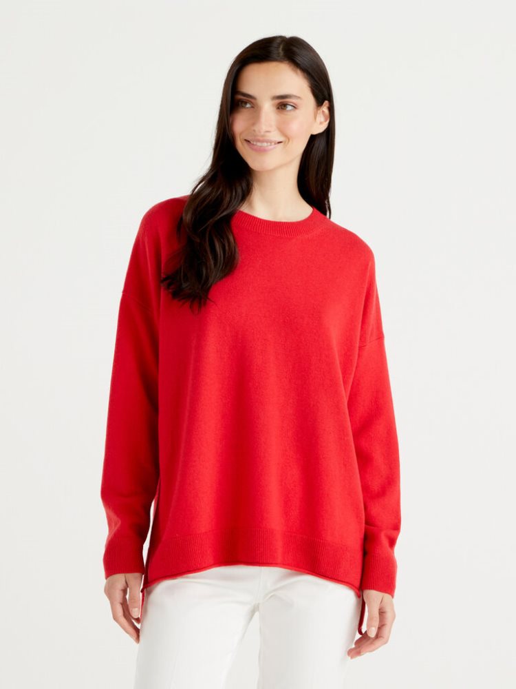 Red Women\'s Benetton Boxy Fit Cashmere Blend Crew Neck Sweaters | AU040985