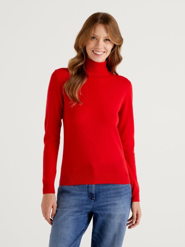 Red Women\'s Benetton Pure Merino Wool Turtleneck High Neck Sweaters | AU346224