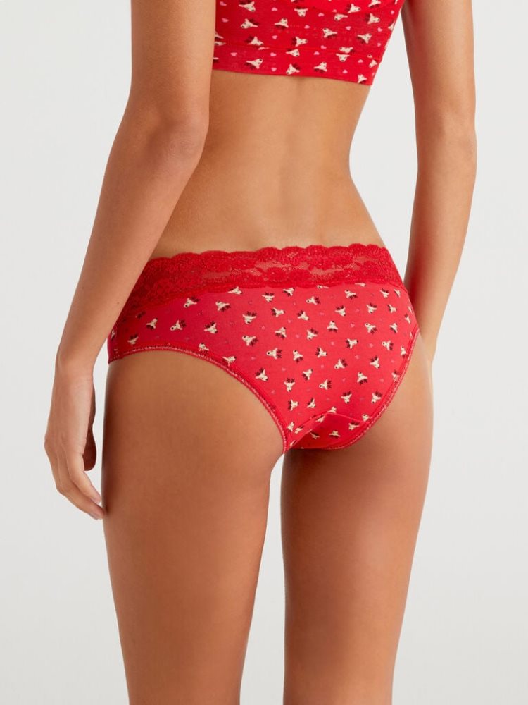 Red Women's Benetton Reindeer Print And Lace Knickers | AU677047