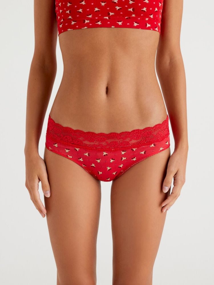 Red Women\'s Benetton Reindeer Print And Lace Knickers | AU677047