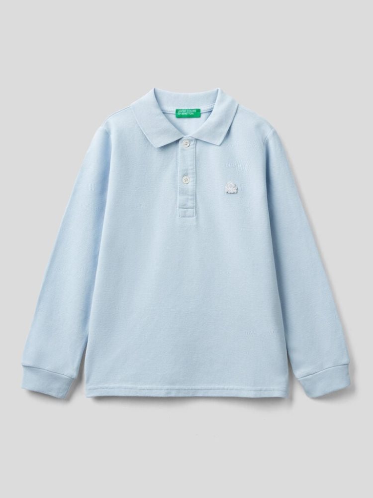 Sky Blue Kids\' Benetton Organic Cotton Long Sleeve Polo Shirts | AU907186