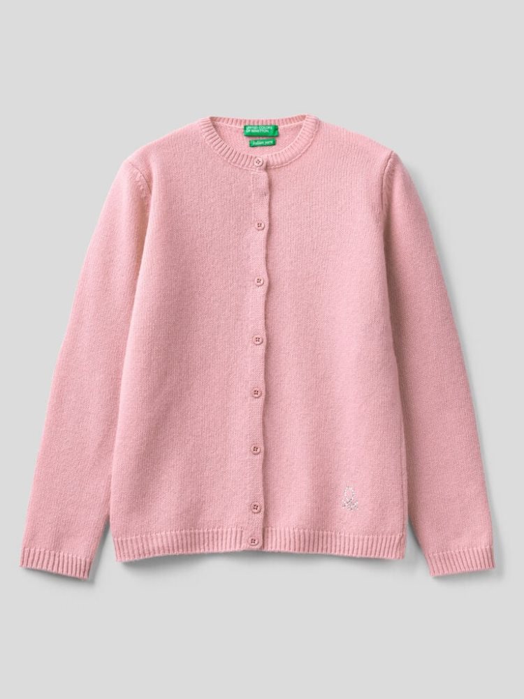 Soft Pink Kids\' Benetton Rhinestone Logo Crew Neck Cardigan | AU033282