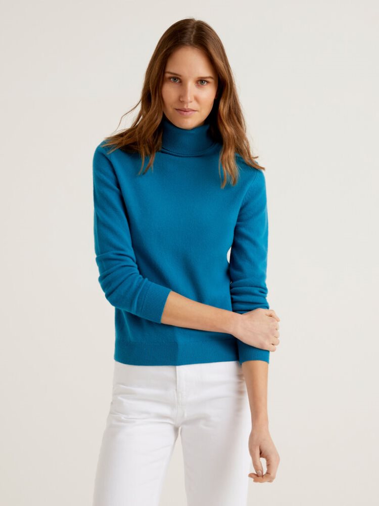 Teal Women\'s Benetton Pure Merino Wool Turtleneck High Neck Sweaters | AU754527