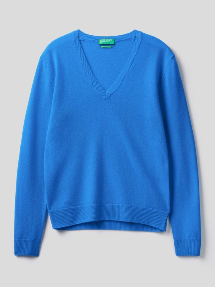 Turquoise Women's Benetton V-neck Pure Merino Wool Sweaters | AU722463