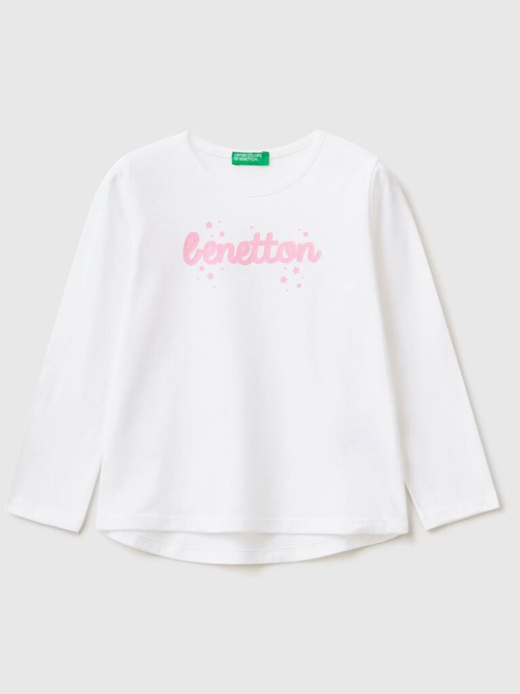 White Kids\' Benetton 100% Cotton Logo Long Sleeve T-shirts | AU024710