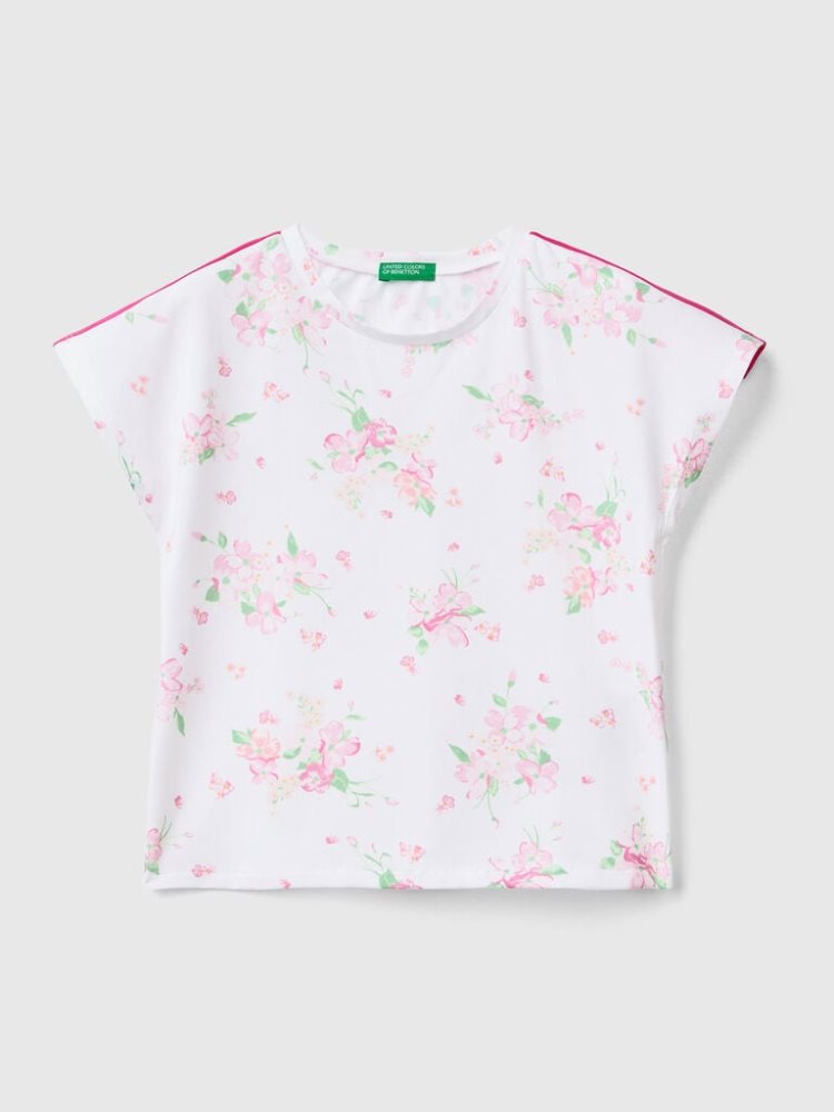 White Kids\' Benetton Floral Print Short Sleeve T-shirts | AU143591