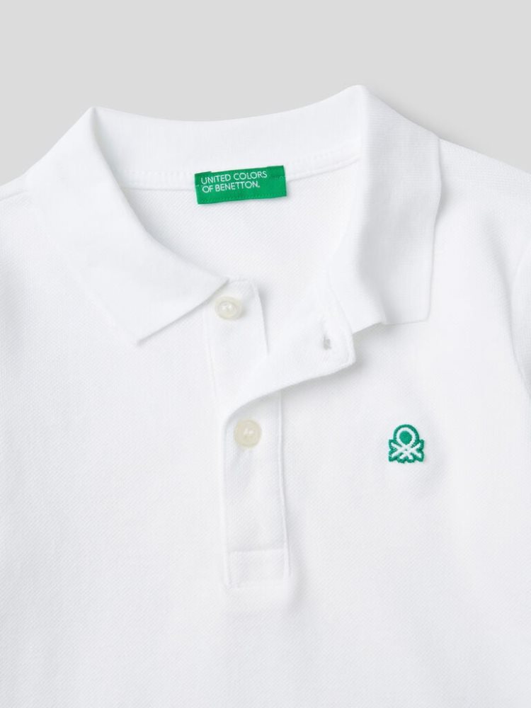 White Kids' Benetton Organic Cotton Long Sleeve Polo Shirts | AU555906