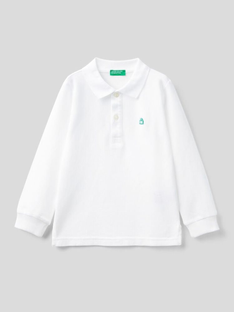 White Kids\' Benetton Organic Cotton Long Sleeve Polo Shirts | AU555906