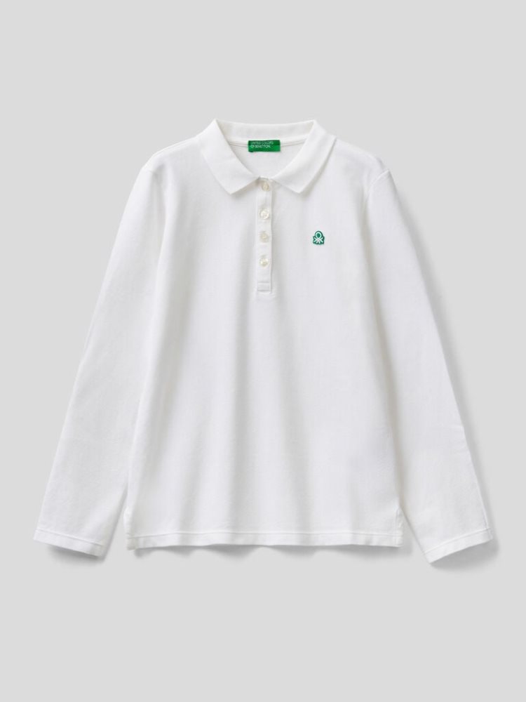 White Kids\' Benetton Organic Cotton Long Sleeve Polo Shirts | AU804398