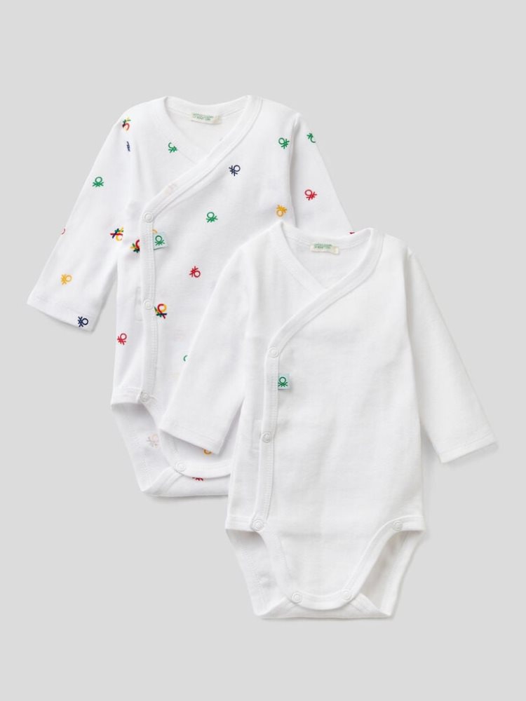 White Kids\' Benetton Two Long Sleeve Organic Cotton Bodysuits | AU570606