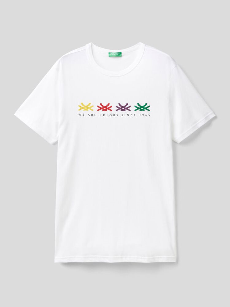 White Men's Benetton Logo Print Short Sleeve T-shirts | AU882983