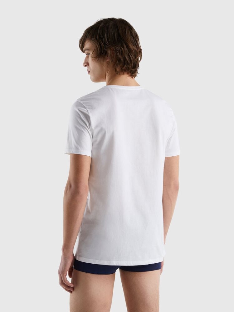 White Men's Benetton Long Fiber Cotton T Shirts | AU063527