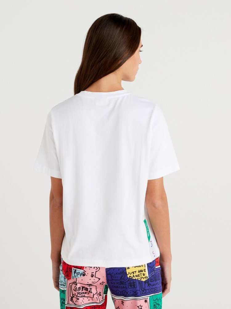 White Women's Benetton Jccxucb Print Short Sleeve T-shirts | AU307690