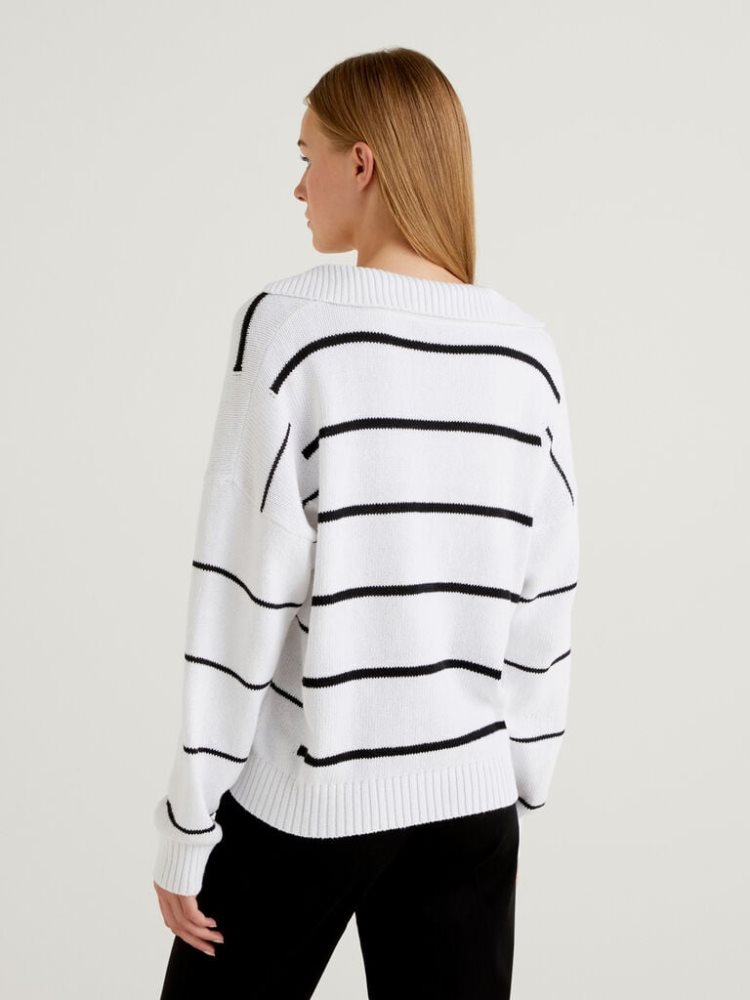 White Women's Benetton Striped Polo V-neck Sweaters | AU717128