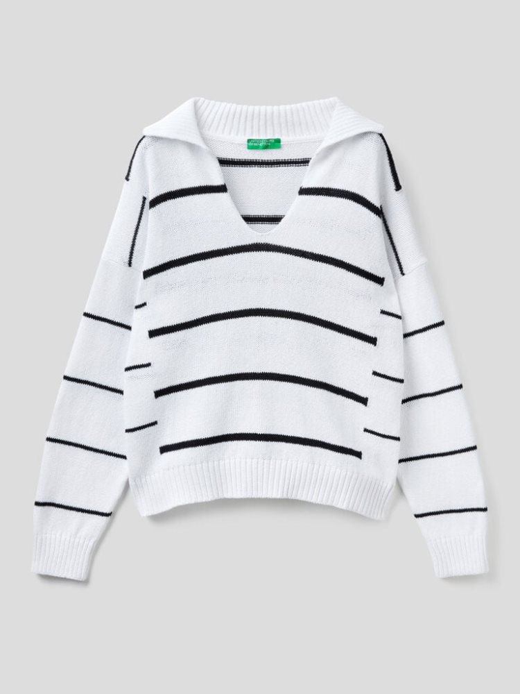 White Women's Benetton Striped Polo V-neck Sweaters | AU717128