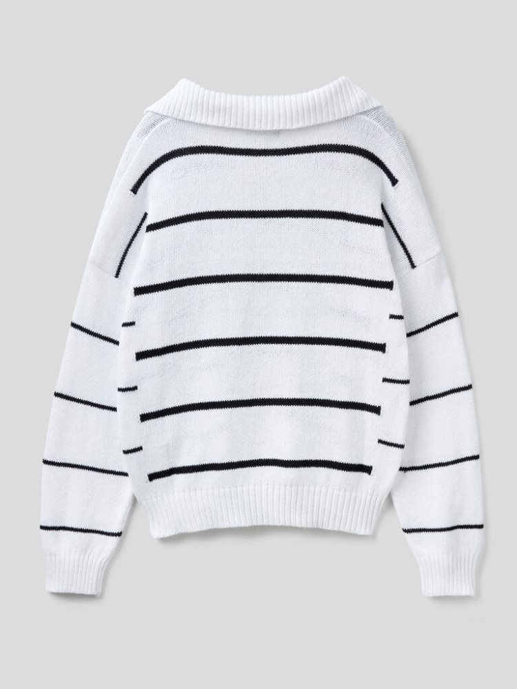 White Women's Benetton Striped Polo V-neck Sweaters | AU717128