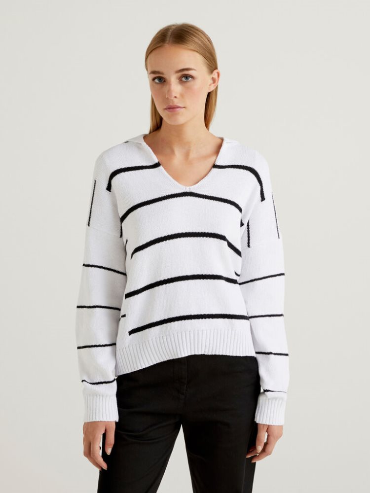 White Women\'s Benetton Striped Polo V-neck Sweaters | AU717128