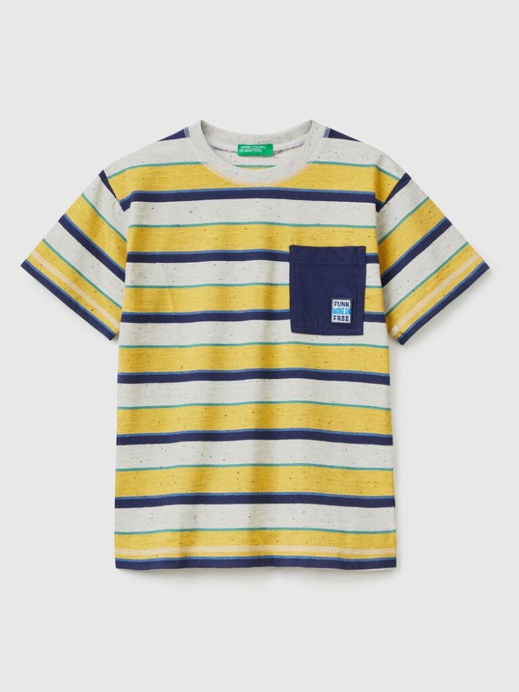 Yellow Kids\' Benetton Striped Pocket Short Sleeve T-shirts | AU674083