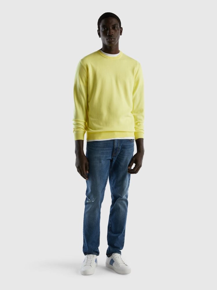 Yellow Men's Benetton Crew Neck 100% Cotton Sweaters | AU287275