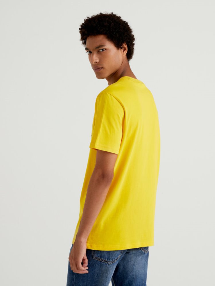 Yellow Men's Benetton Organic Cotton Logo Print Short Sleeve T-shirts | AU538160