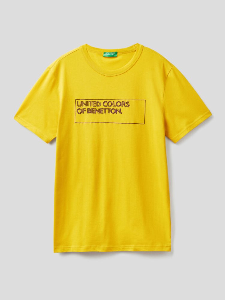 Yellow Men's Benetton Organic Cotton Logo Print Short Sleeve T-shirts | AU538160