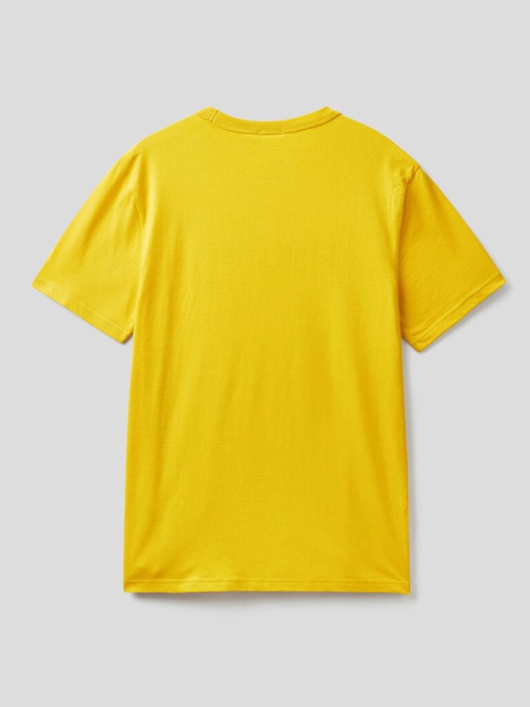 Yellow Men's Benetton Organic Cotton Logo Print Short Sleeve T-shirts | AU538160