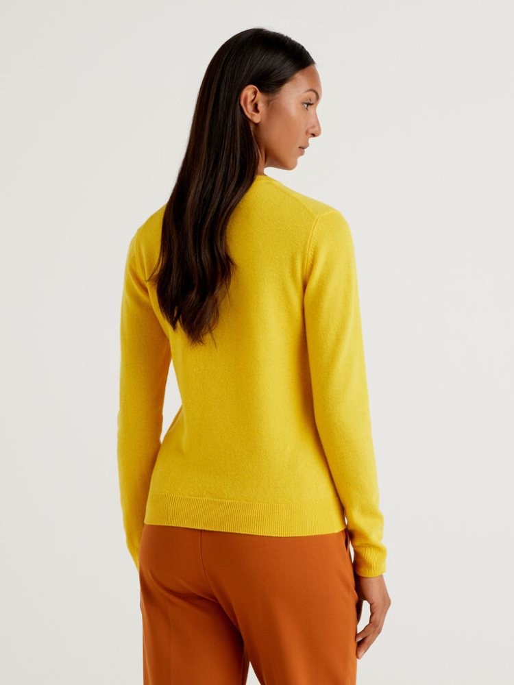 Yellow Women's Benetton Crew Neck Merino Wool Sweaters | AU265707