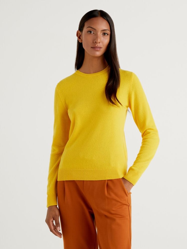 Yellow Women\'s Benetton Crew Neck Merino Wool Sweaters | AU265707