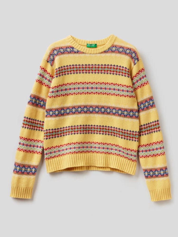 Yellow Women's Benetton Jacquard Wool Blend Crew Neck Sweaters | AU271521