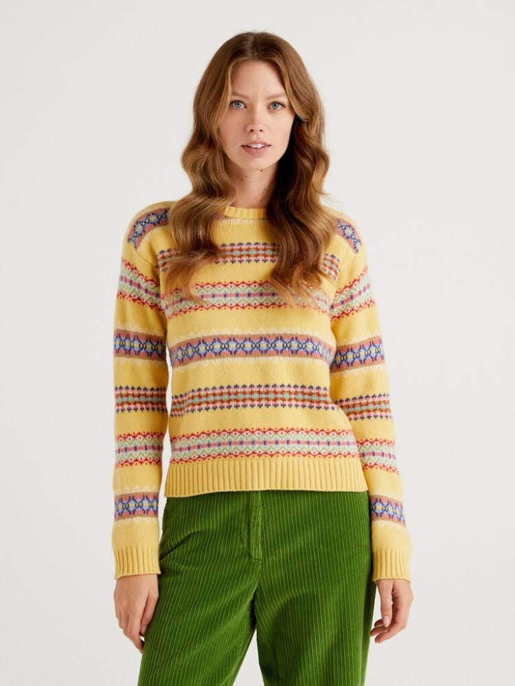 Yellow Women\'s Benetton Jacquard Wool Blend Crew Neck Sweaters | AU271521