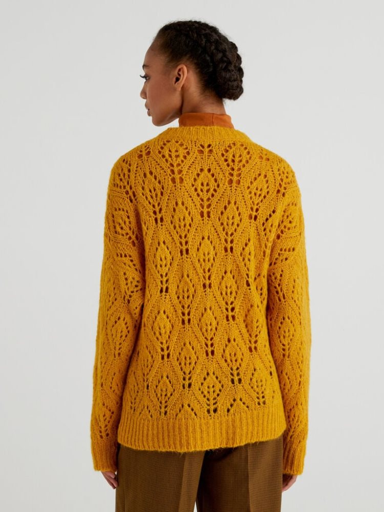 Yellow Women's Benetton Lace Look Crew Neck Sweaters | AU426246