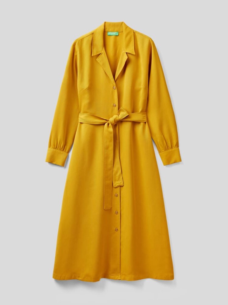 Yellow Women's Benetton Sash Long Shirt Dress Dress | AU606857