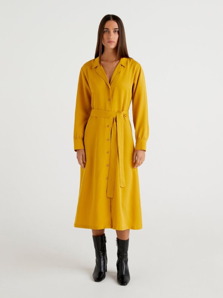 Yellow Women\'s Benetton Sash Long Shirt Dress Dress | AU606857