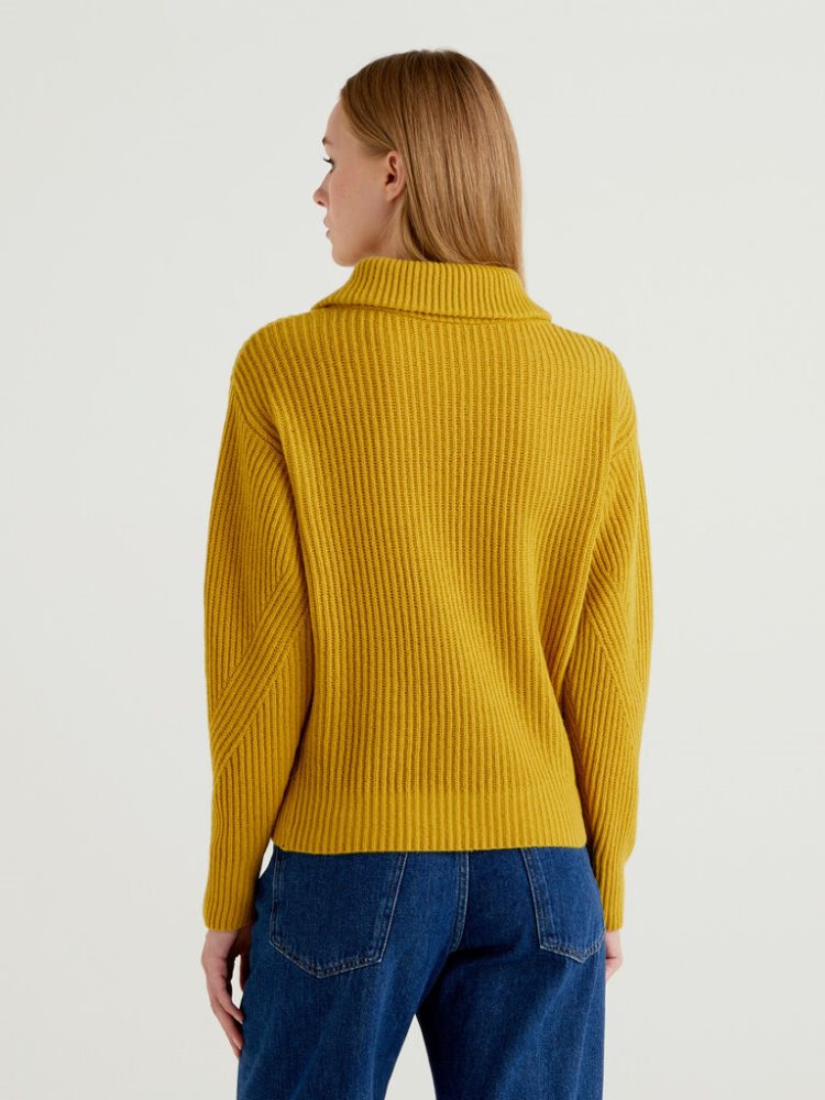 Yellow Women's Benetton Zip Opening V-neck Sweaters | AU711213